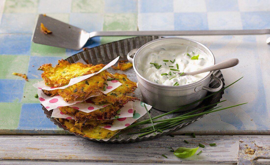 Potato and parsnip cakes with fresh herb quark