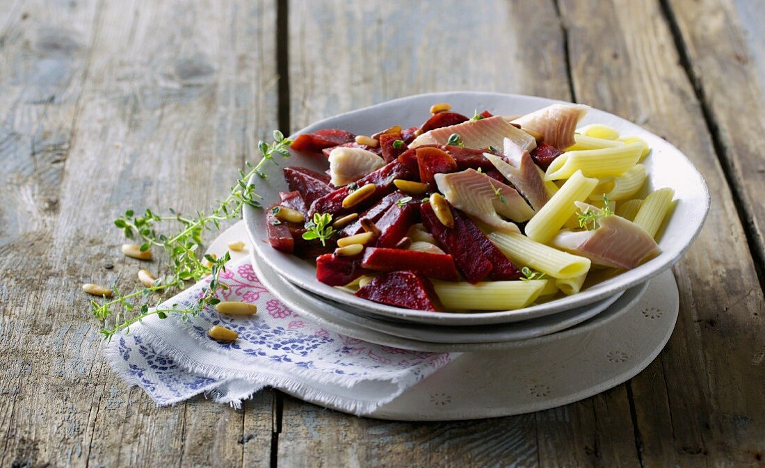 Penne with beetroot and smoked trout