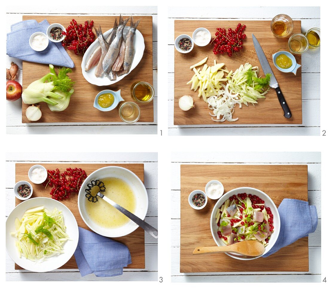 Matjessalat mit Fenchel, Johannisbeeren und Feigensenfdressing zubereiten