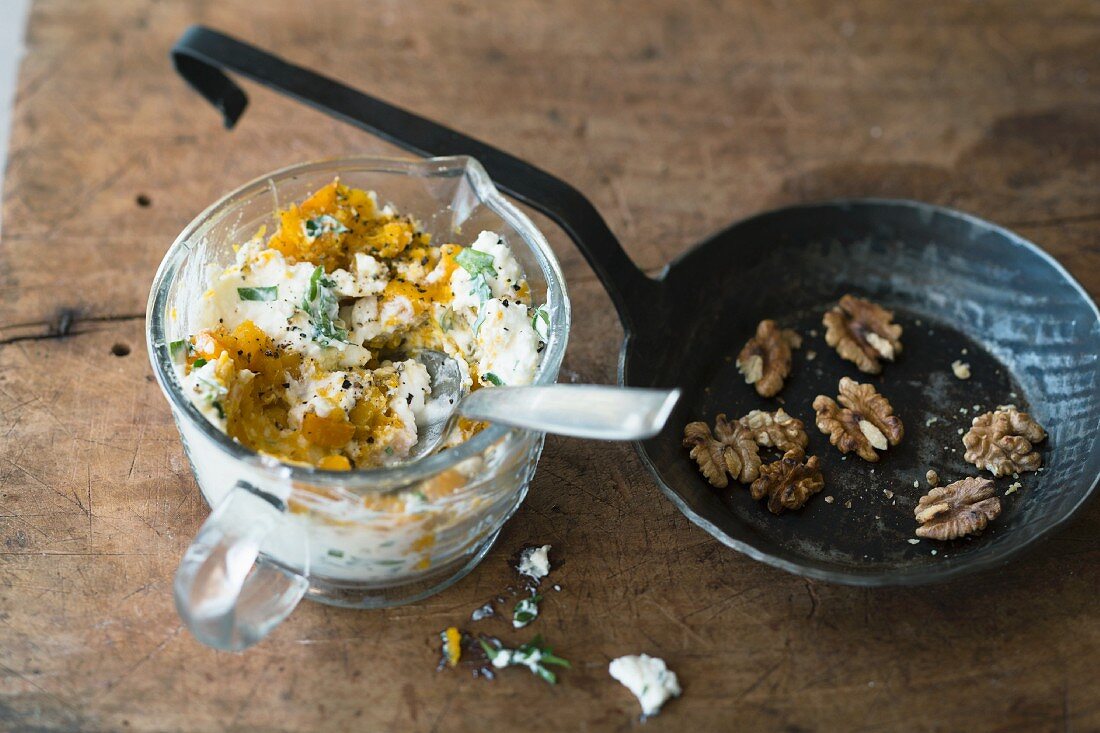 Pumpkin and feta cheese spread with walnuts