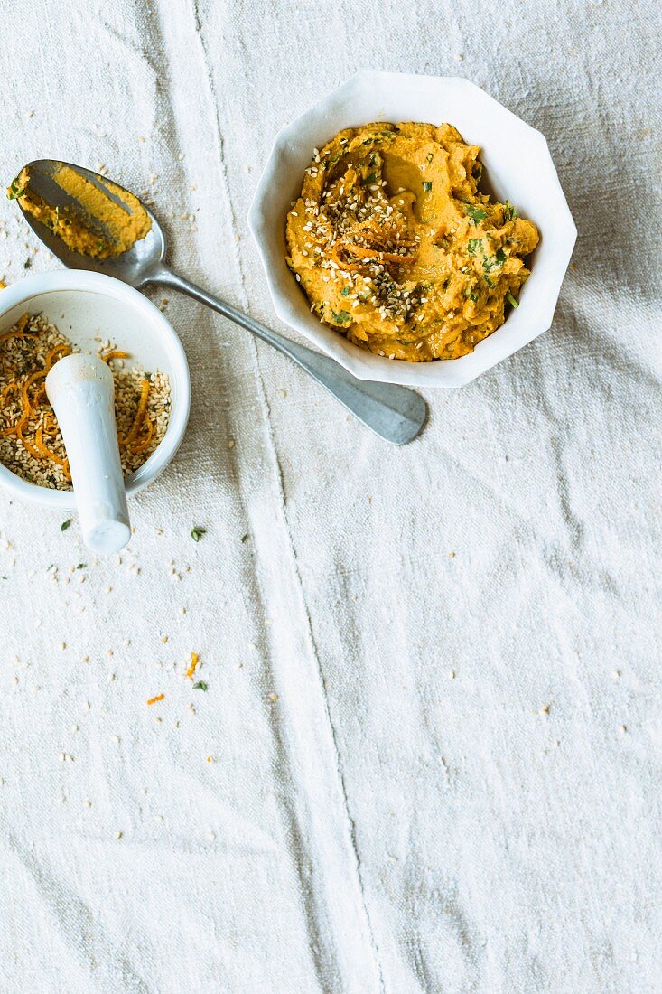 Vegetarian carrot hummus with saffron and za'atar