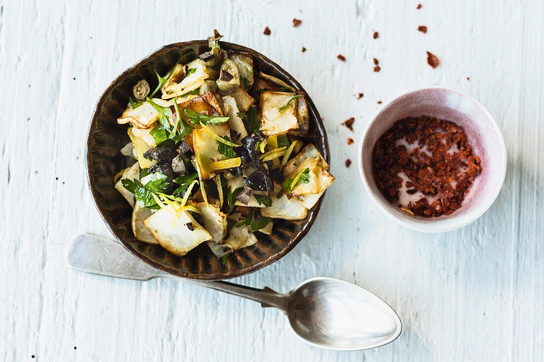 Celeriac antipasti with capers and black olives