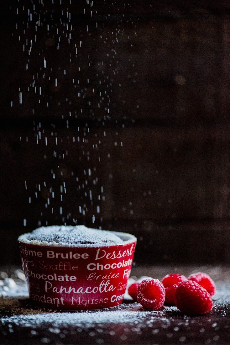 Chocolate pudding with icing sugar and raspberries