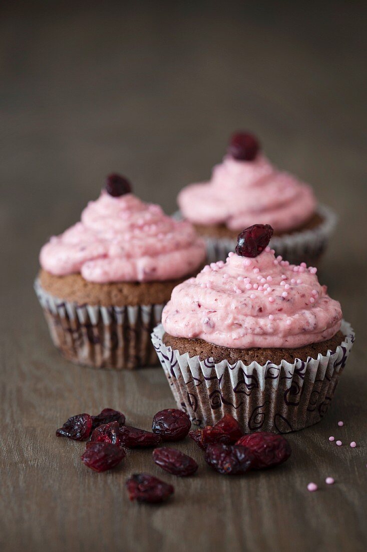 Schokoladen-Cupcakes mit Cranberry-Topping, rosa Zuckerperlen und getrockneten Cranberries