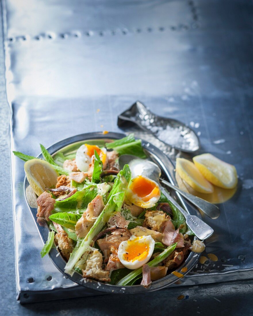 Cos lettuce with soft-boiled eggs, smoked trout and a mustard dressing