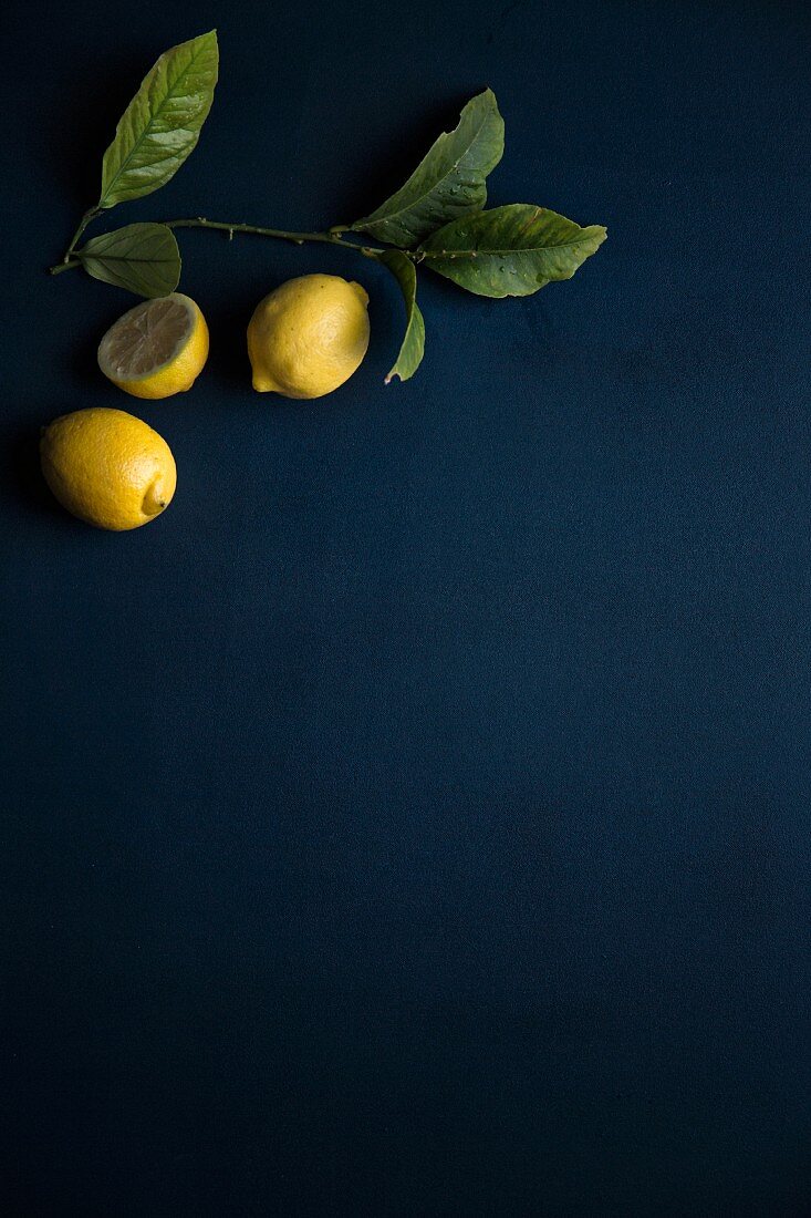 Two whole and one halved lemon with leaves on a blue surface