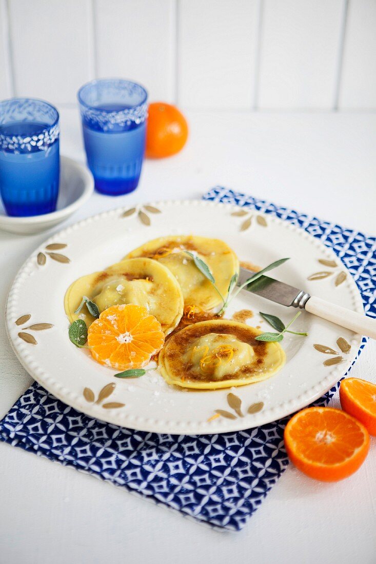 King prawn ravioli with a clementine and sage butter