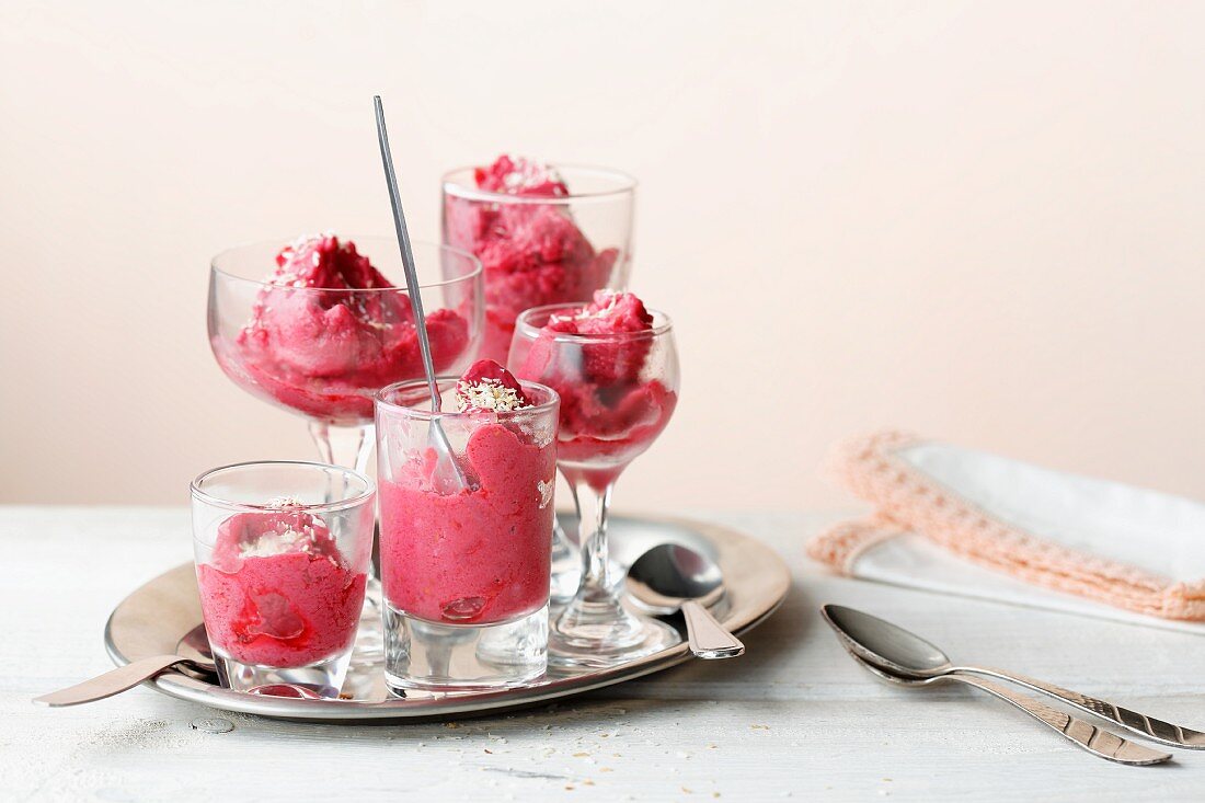 Quick raspberry sorbet with silken tofu and grated coconut