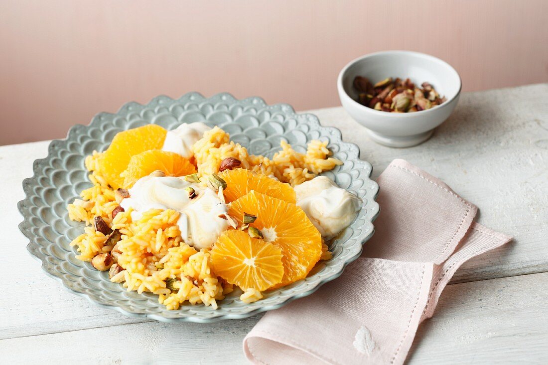 Oriental orange rice with pistachios and dried apricots