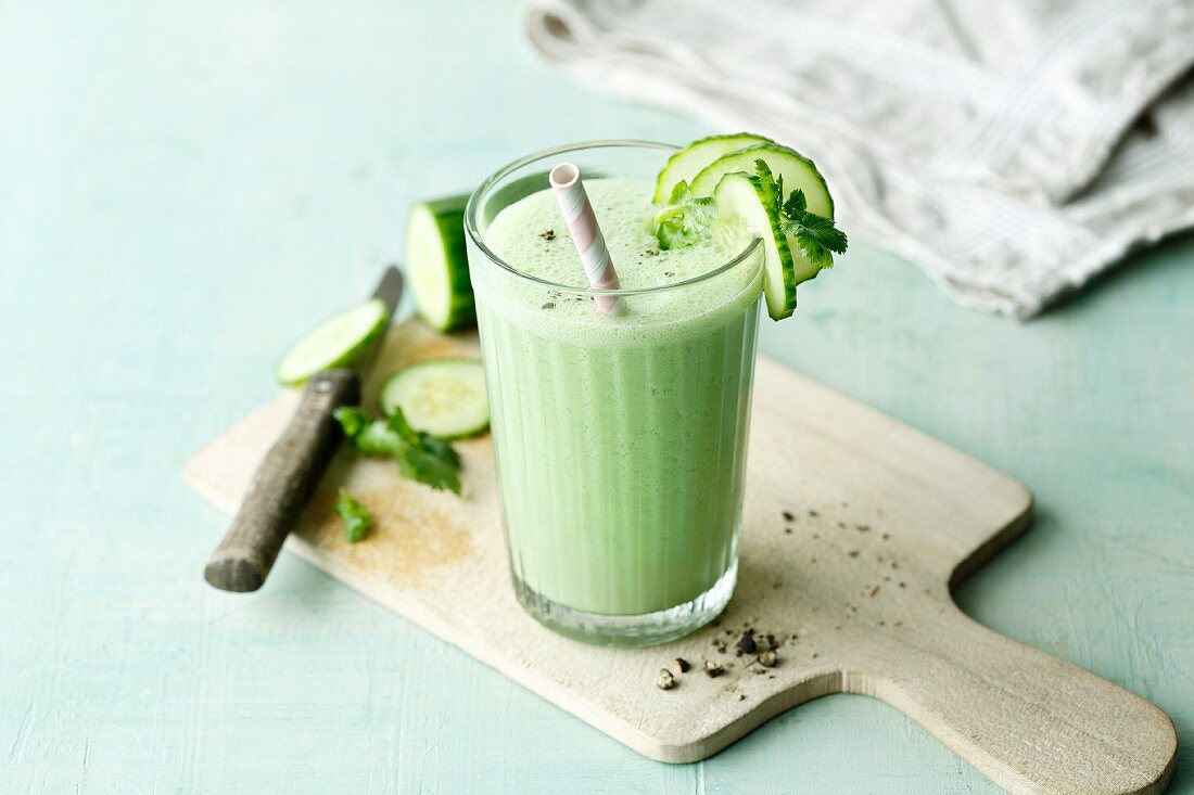 A cucumber and kefir smoothie with fresh coriander