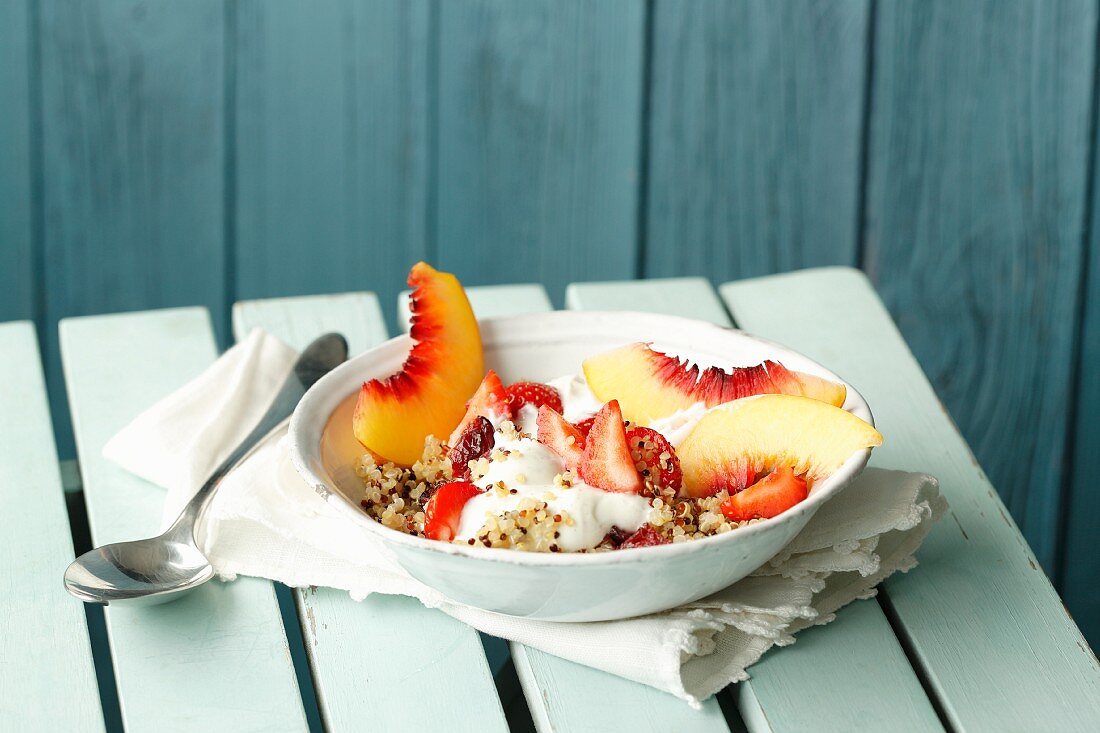 Quinoa-Joghurt mit Nektarinen, Erdbeeren und getrockneten Cranberrys
