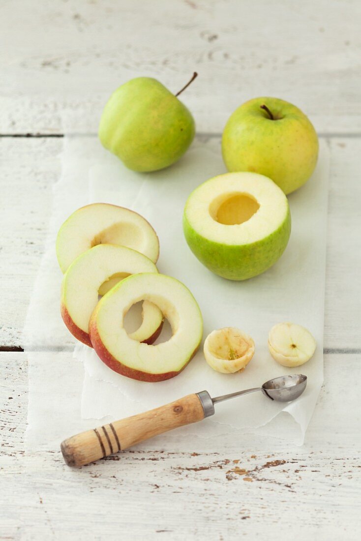 Apple rings and a halved apple without the core