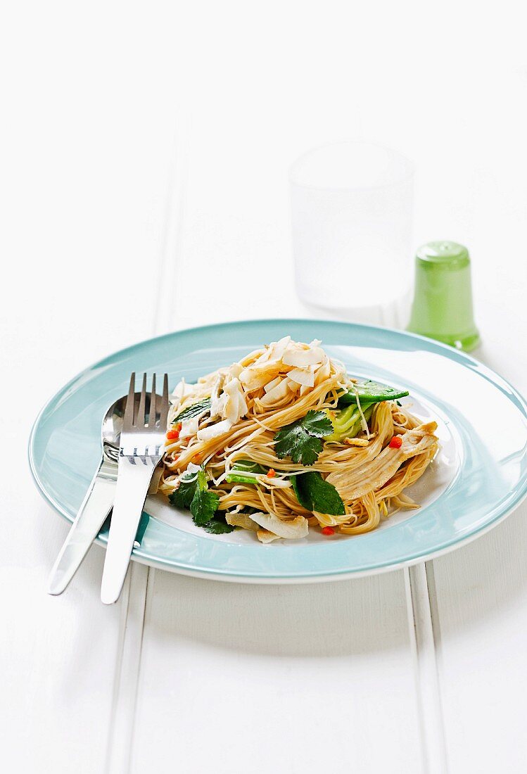 Rice noodle chicken salad with pakchoi and coconut chips