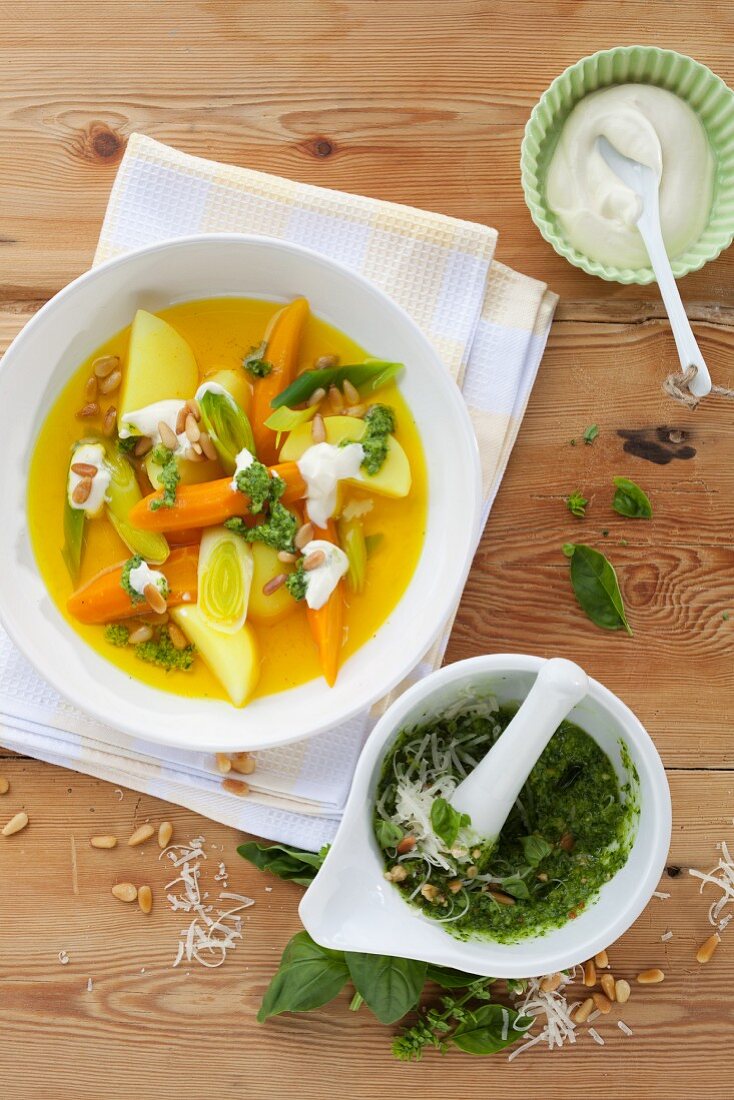 Stock vegetables with saffron and pesto verde