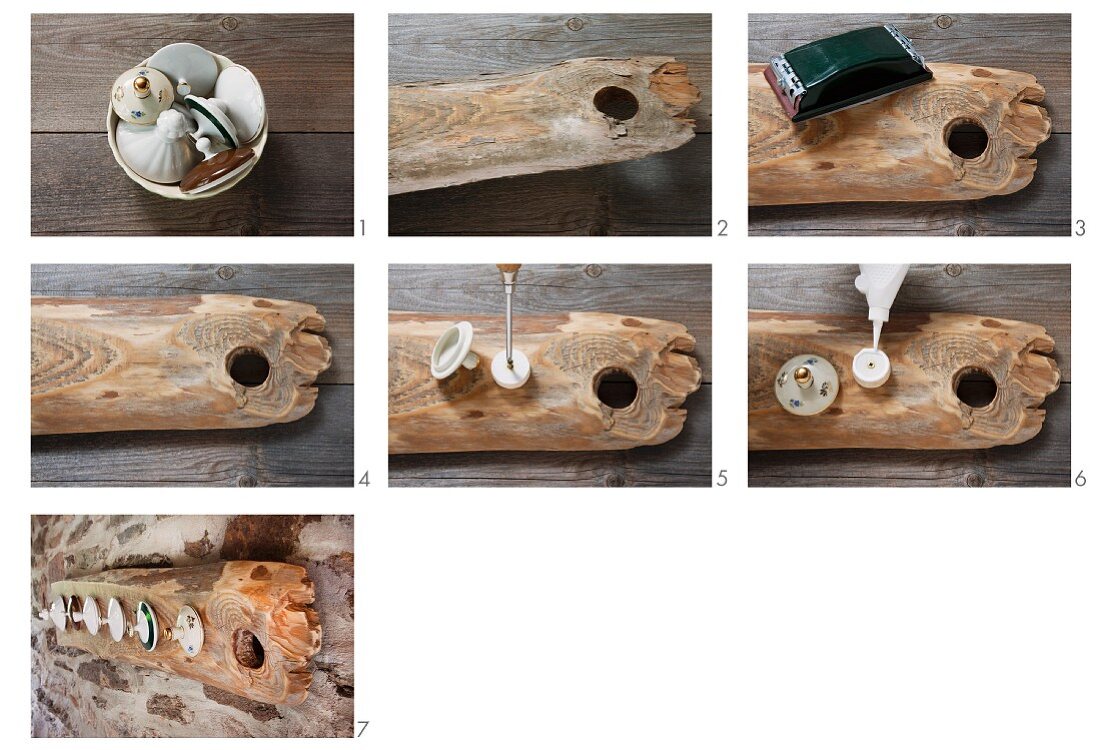 Instructions for hand-crafting vintage coat rack from piece of old wood with knot hole and various china lids glued to bolted-on wooden discs