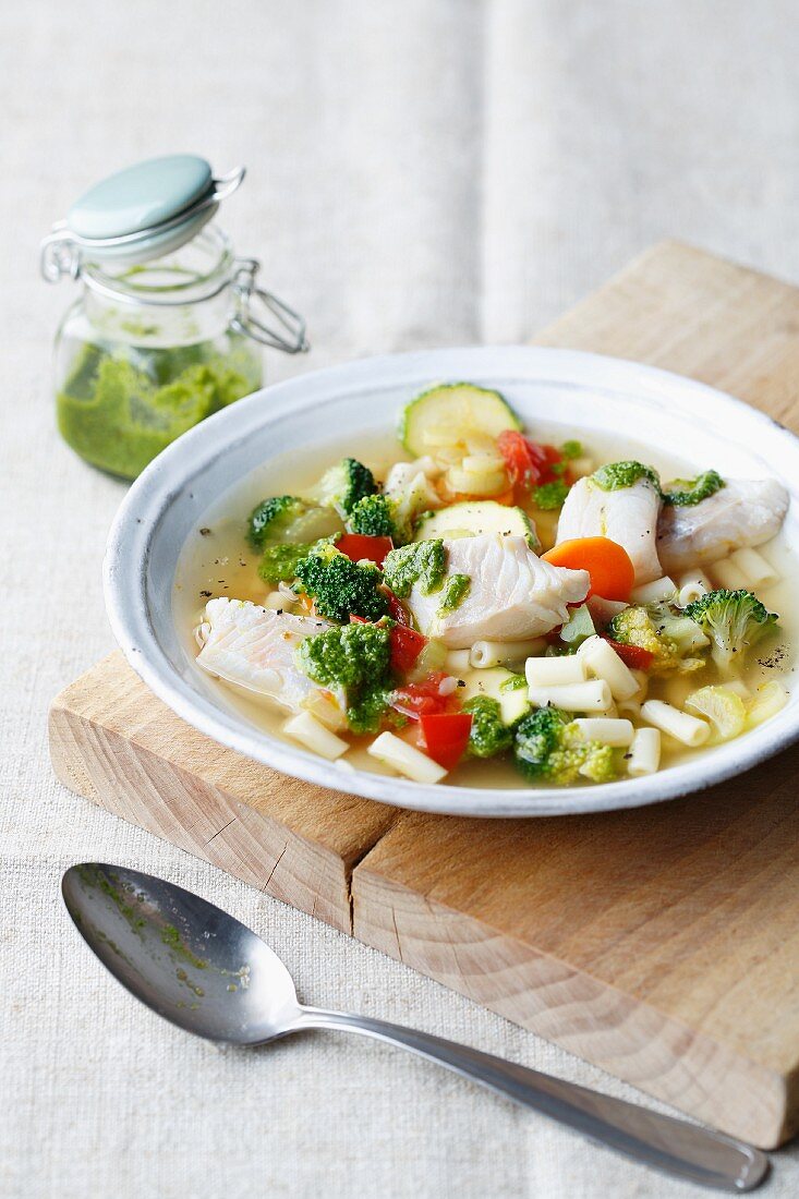 Fish minestrone with pasta and pesto