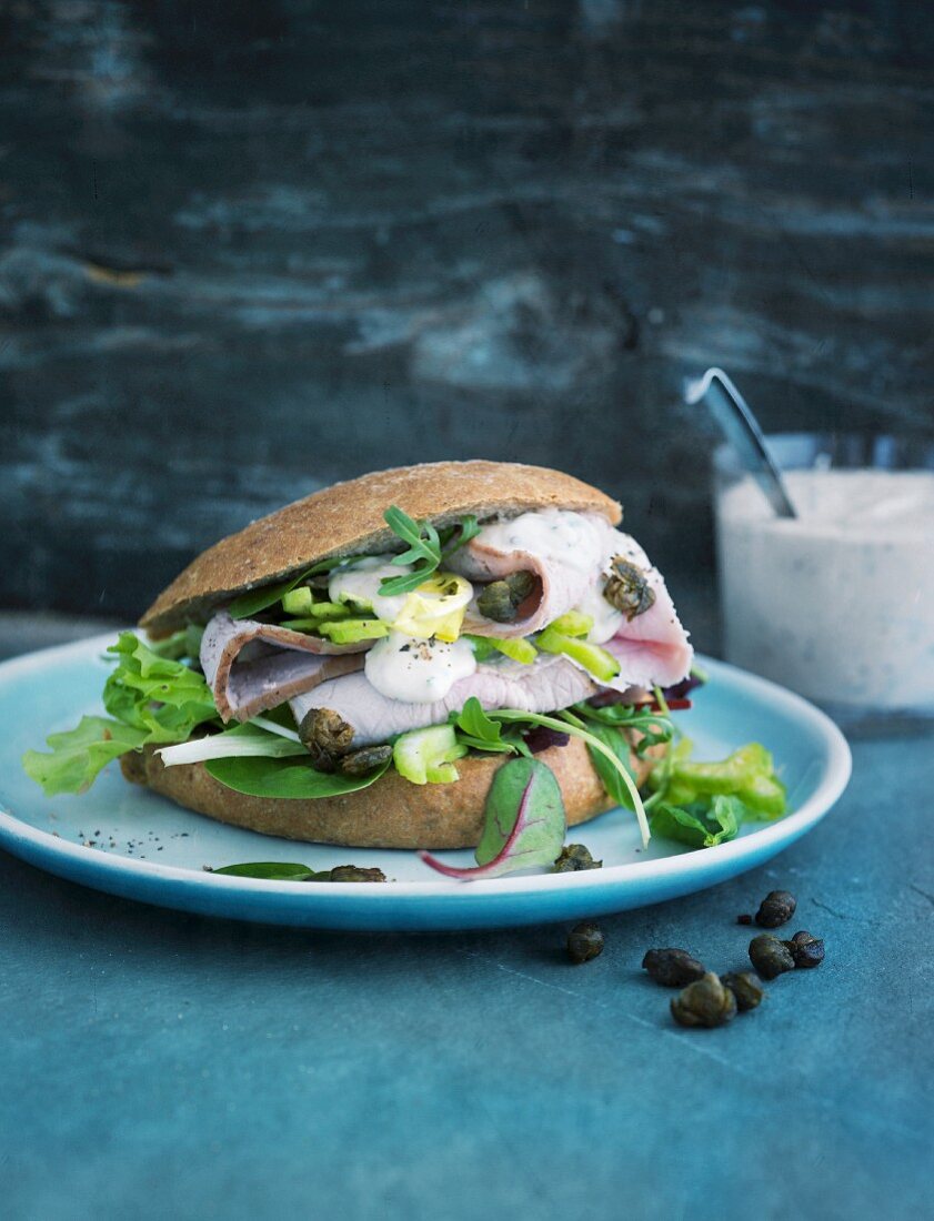 Vitello Forello (veal with a trout and caper sauce) on a Vinschgauer roll (rye-wheat sour dough)