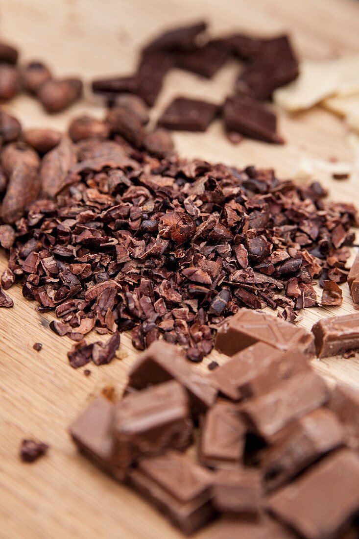 Pieces of chocolate and chopped cocoa beans