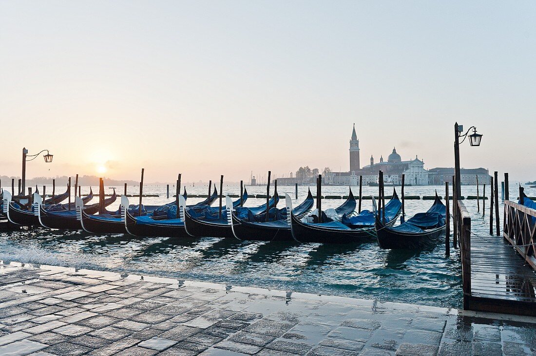 Gondolas at a mooring point on St Mark's Square, Venice