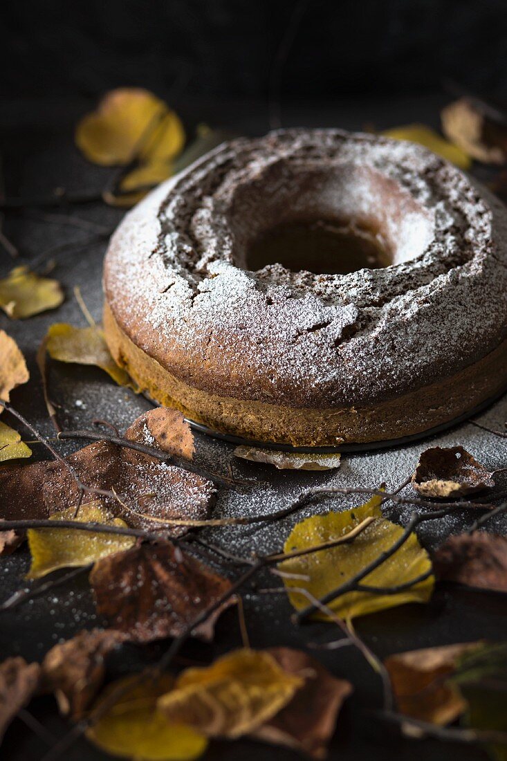 Kürbis-Kranzkuchen umgeben von Herbstlaub