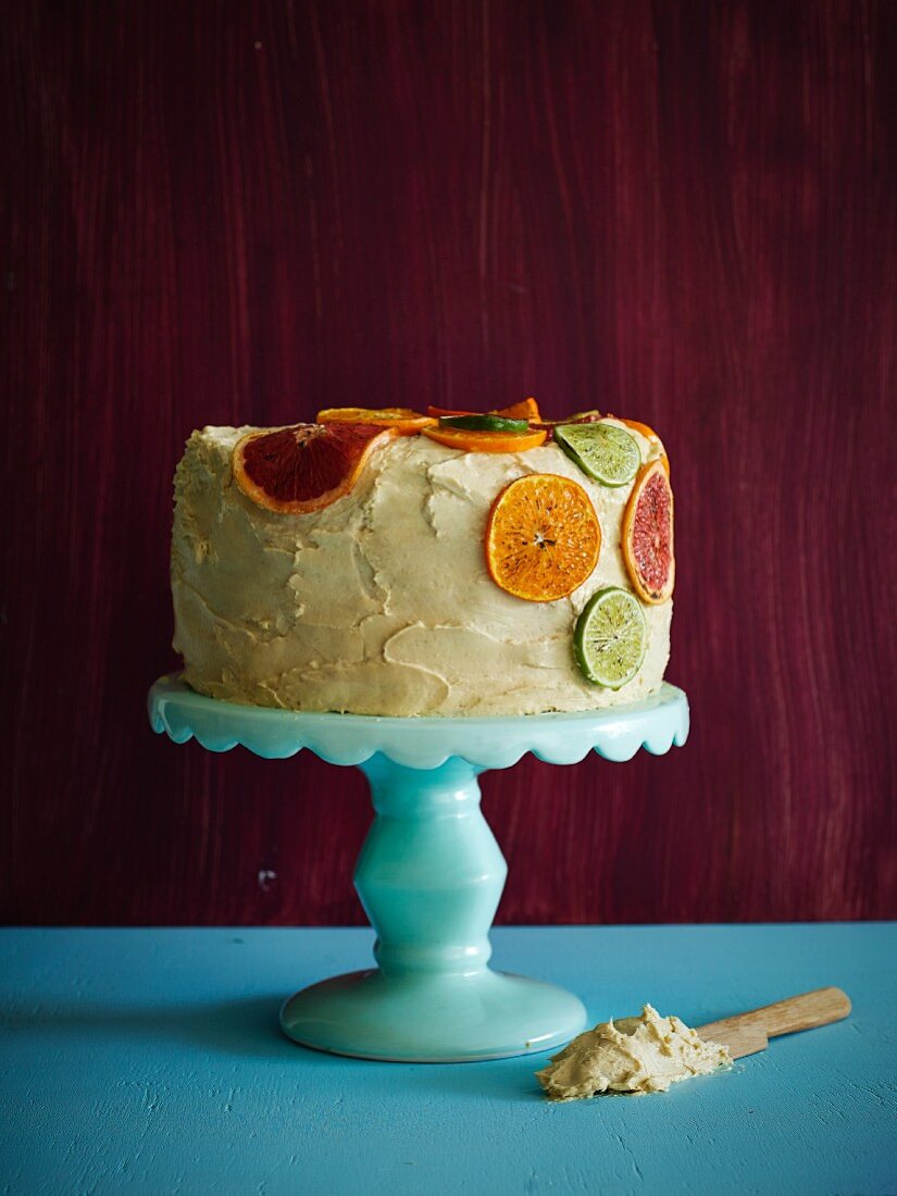 A citrus fruit cake with cream cheese frosting