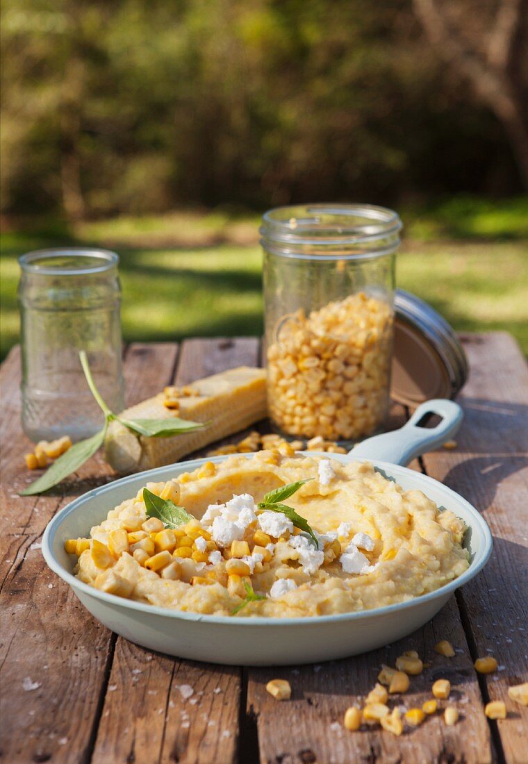 Sweetcorn purée with goat's cheese and garlic