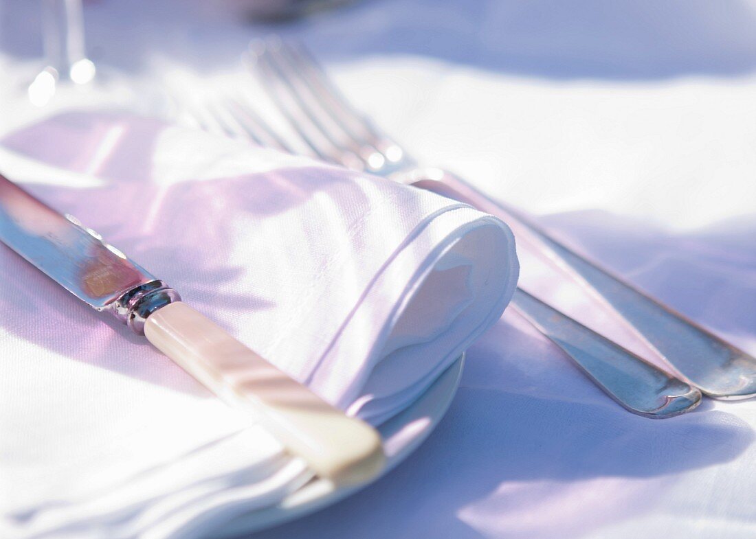 A place setting outside with a white fabric napkin