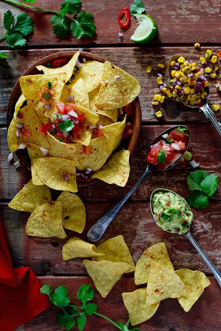 Tortilla chips with dips (guacamole, salsa and a sweetcorn dip) from Mexico