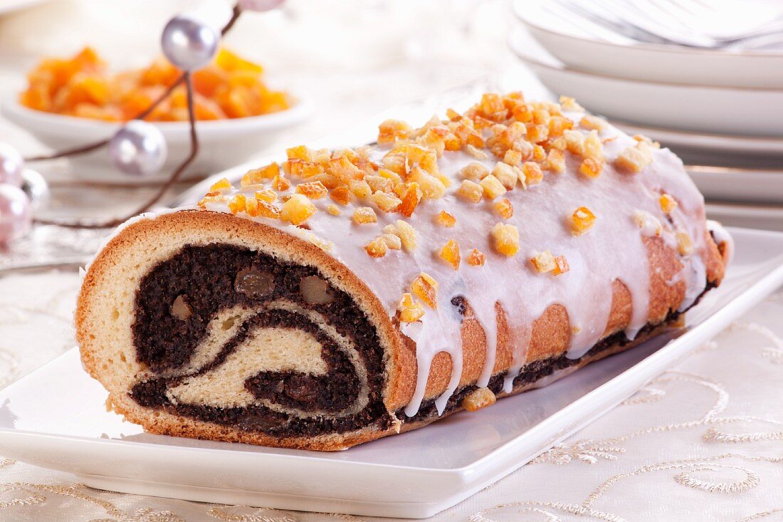 Christmas poppyseed strudel with an orange crust