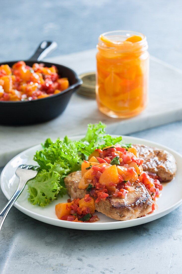 Pork chops with a peach sauce