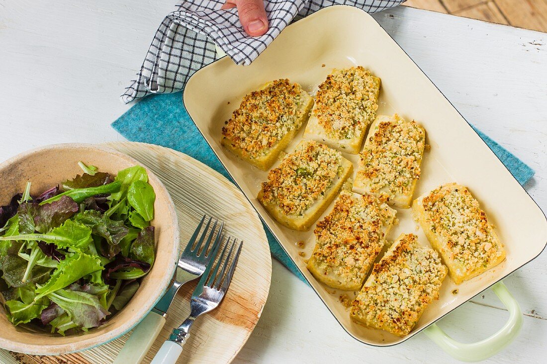 Oven-baked tofu with a herb and lime crust