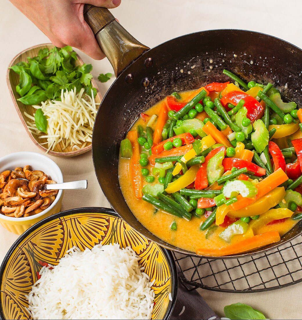 A vegan vegetable curry with coconut milk and red curry paste