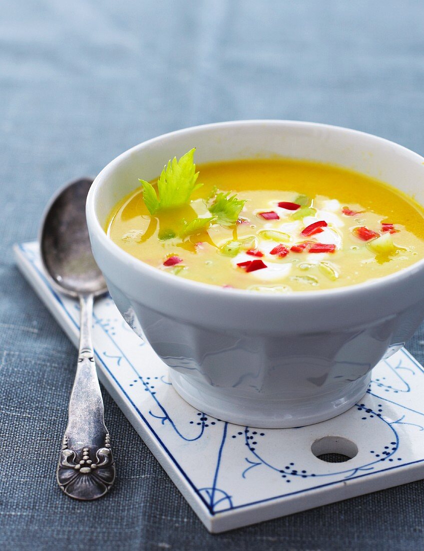 Pumpkin soup with celery, chilli and crème fraîche