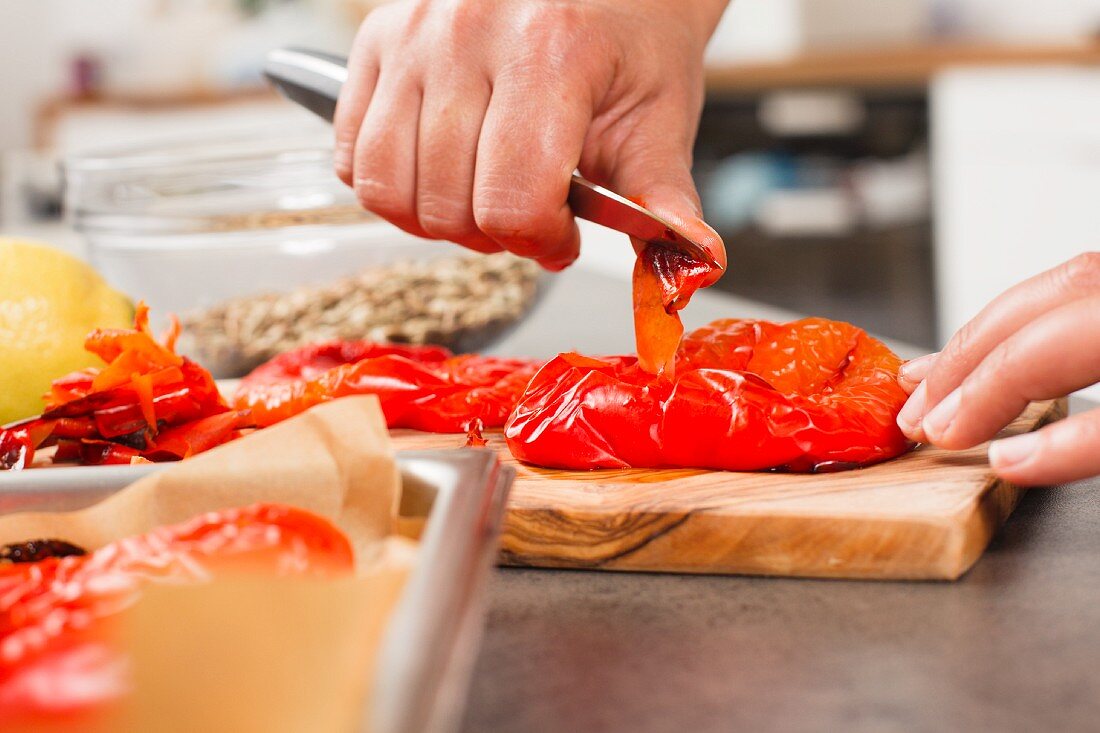 Peppers being skinned