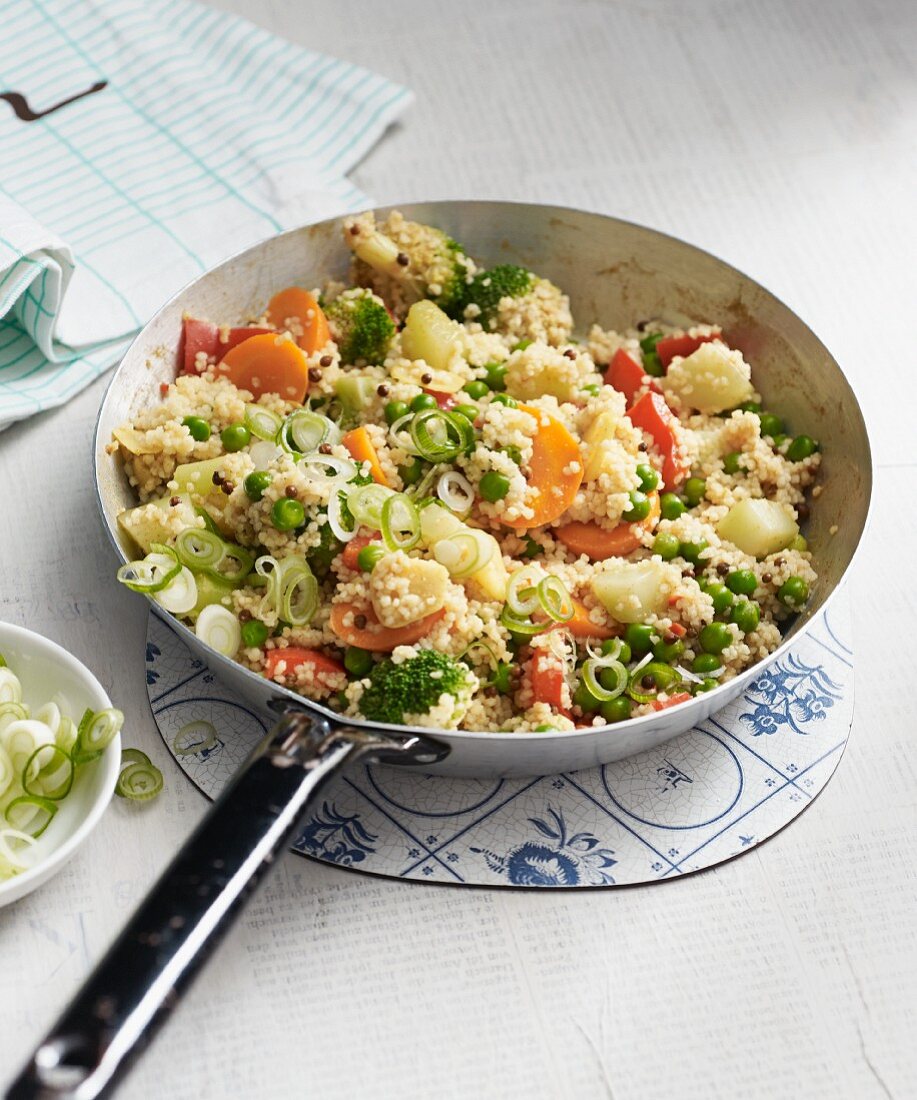 Vegan couscous dish with colourful vegetables