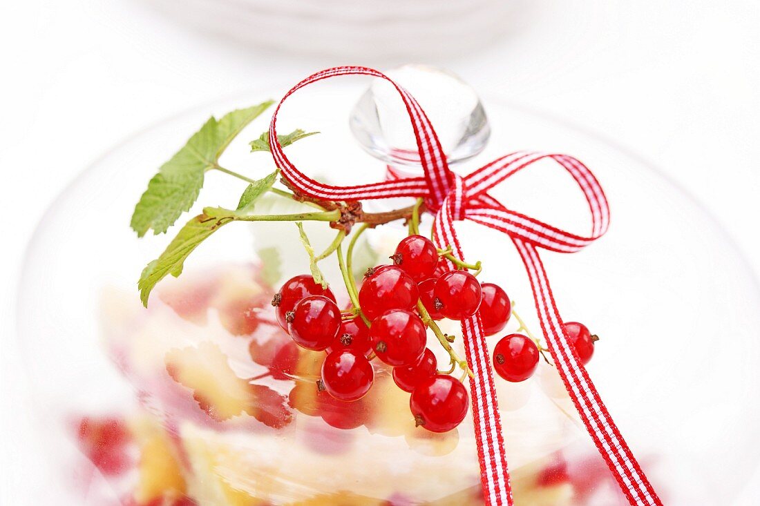 Redcurrants on a glass cloche covering a redcurrant cake (close-up)