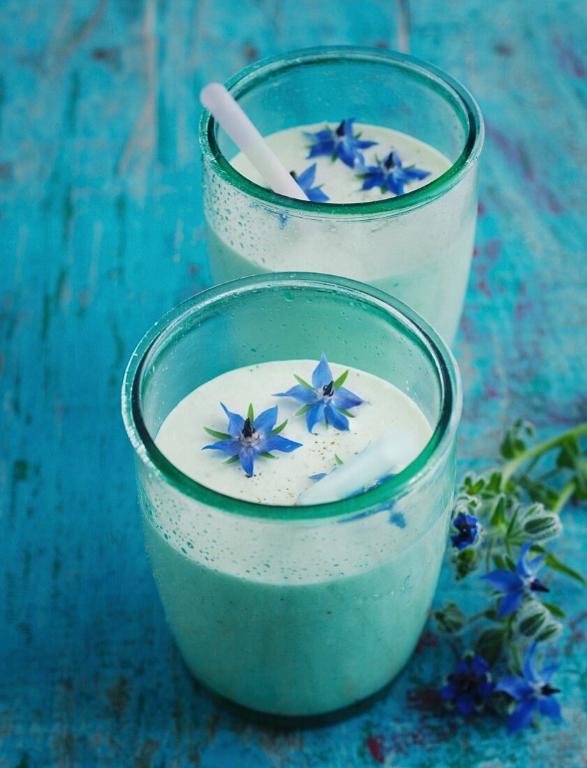 Cucumber soup with borage flowers