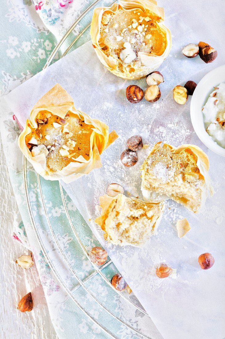 Nut muffins in filo pastry cases (seen from above)