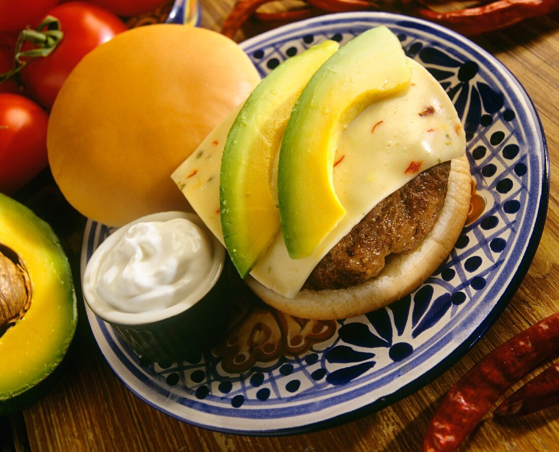A South-West cheese burger with avocado and sour cream