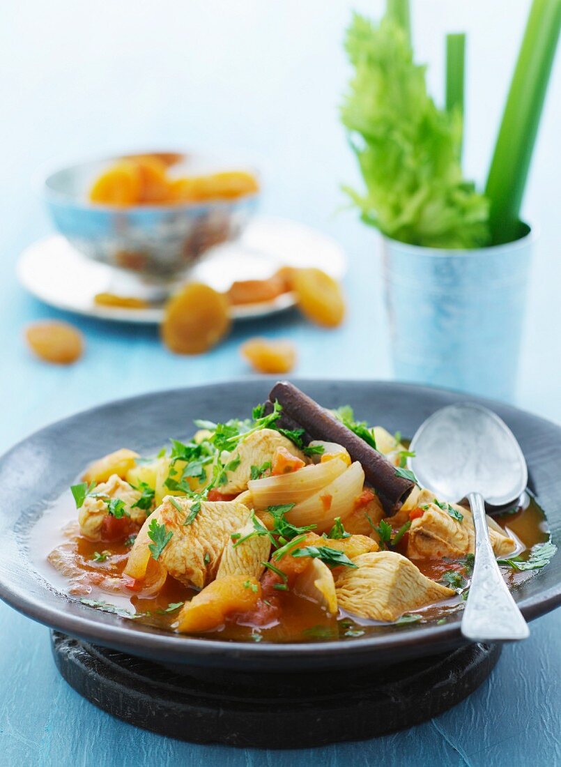 Chicken with onions, cinnamon and dried apricots