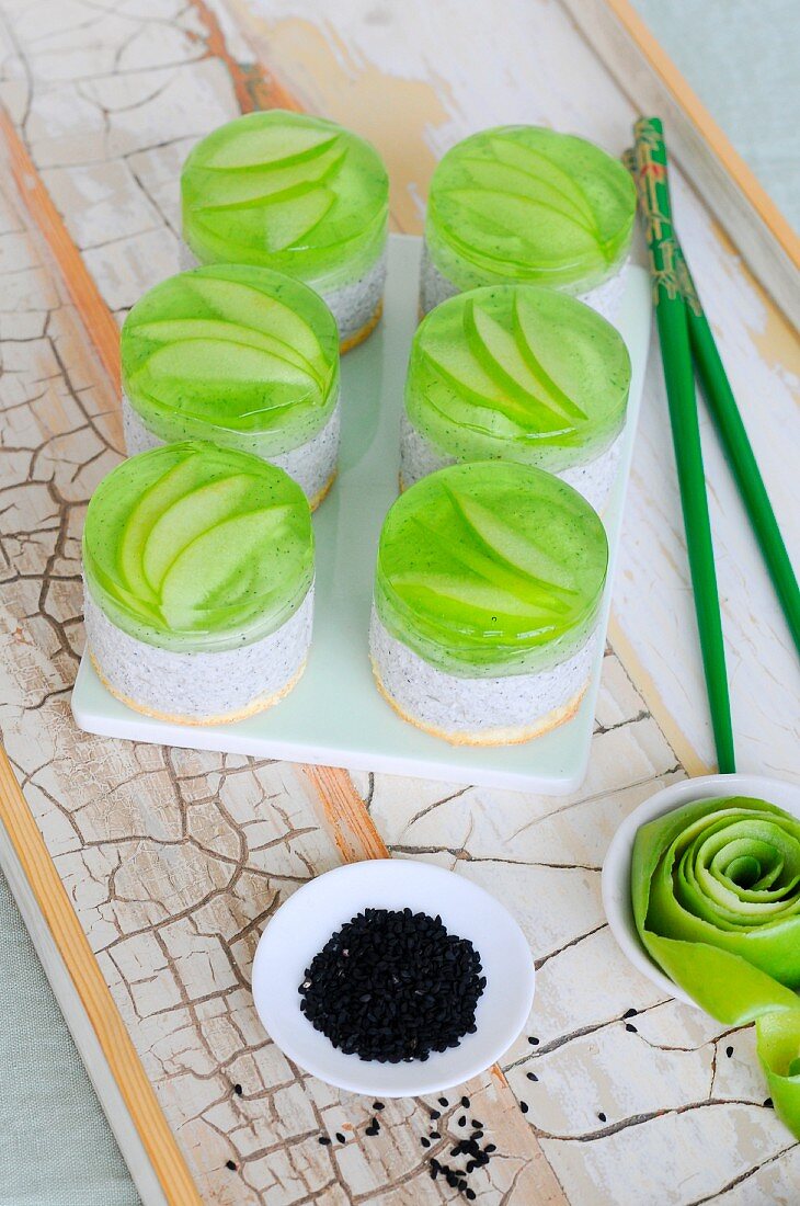 Black sesame seed tartlets with sour apple jelly