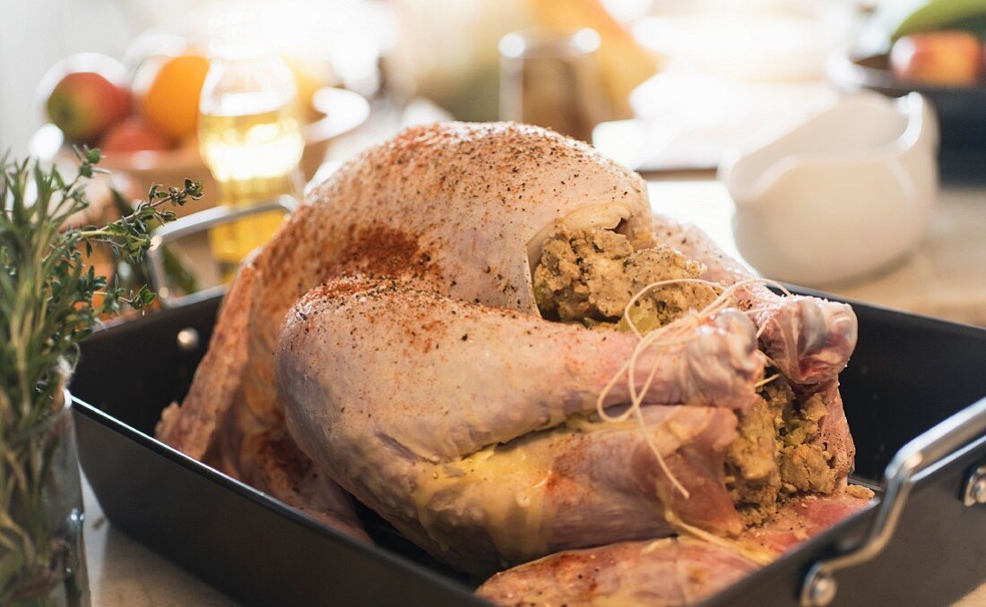 A stuffed turkey ready to be roasted