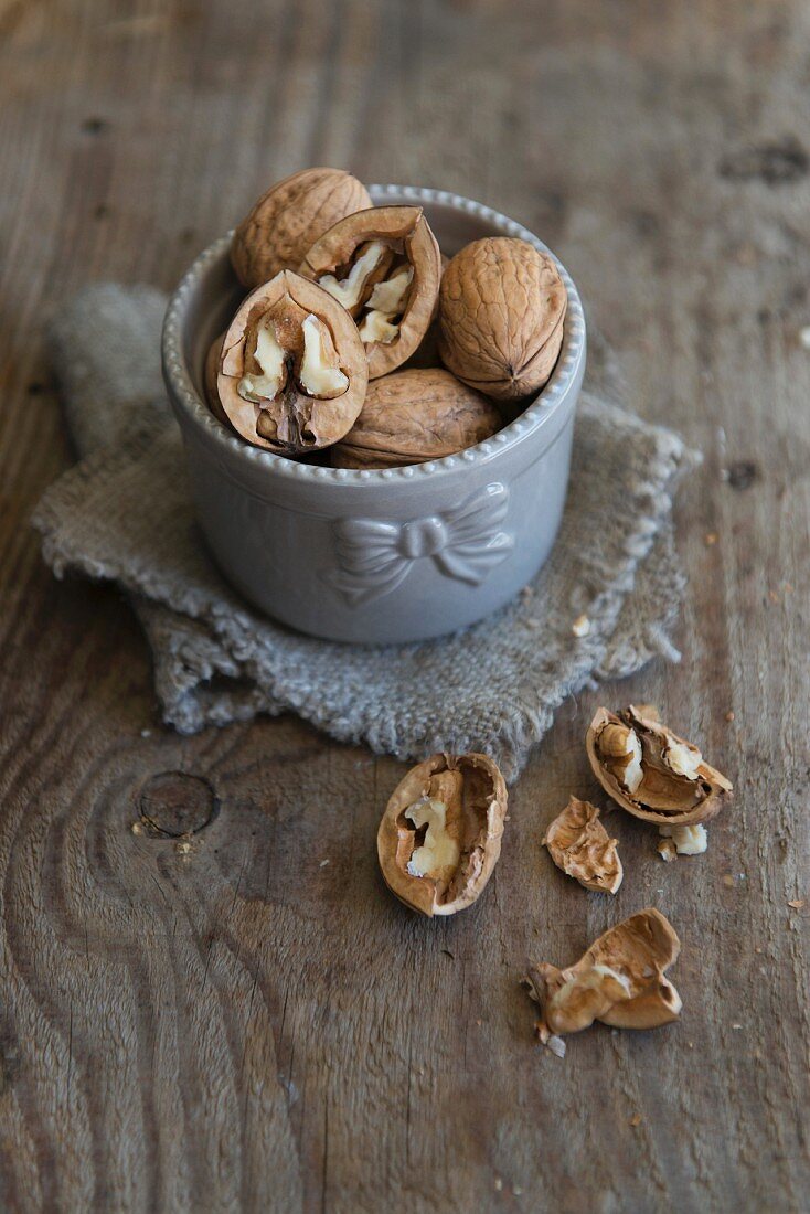 Walnuts, unshelled and cracked open