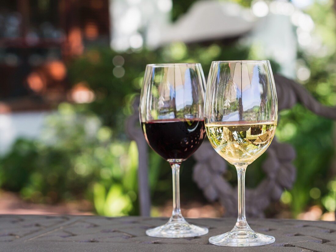 Weißwein und Rotwein aus Südafrika in Gläsern auf Gartentisch