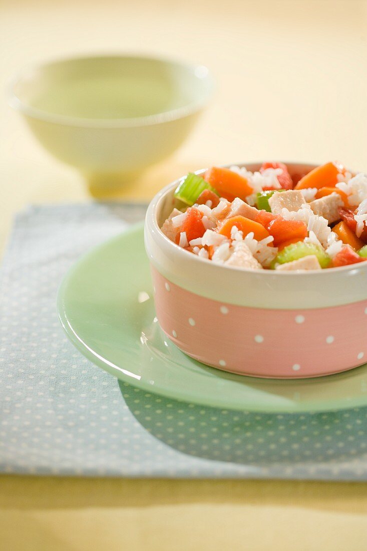Rice with chicken, carrots and celery