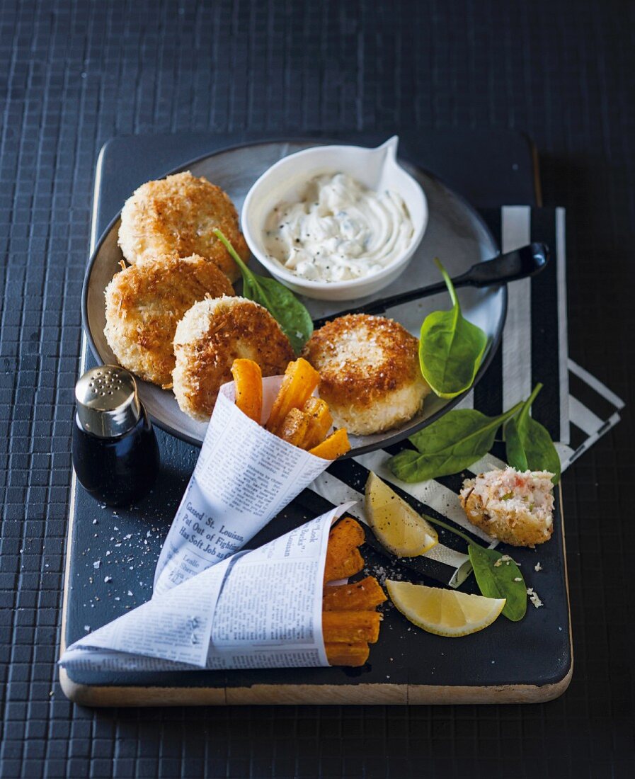 Fishcakes with butternut squash chips and dip