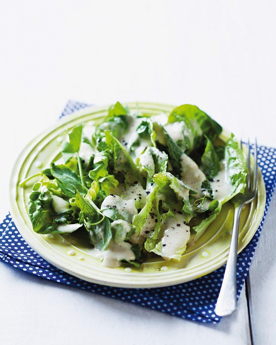 A green salad with a sunflower seed dressing