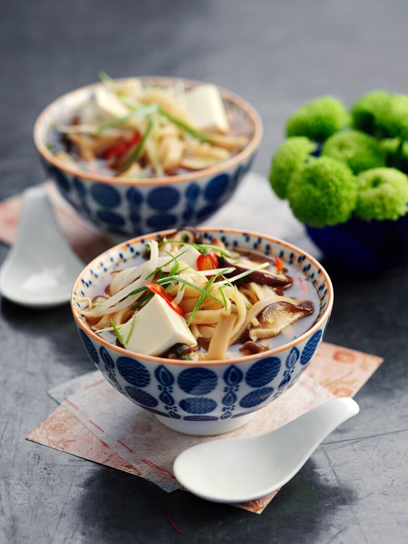 Noodle soup with shiitake mushrooms, chilli and tofu (Asia)