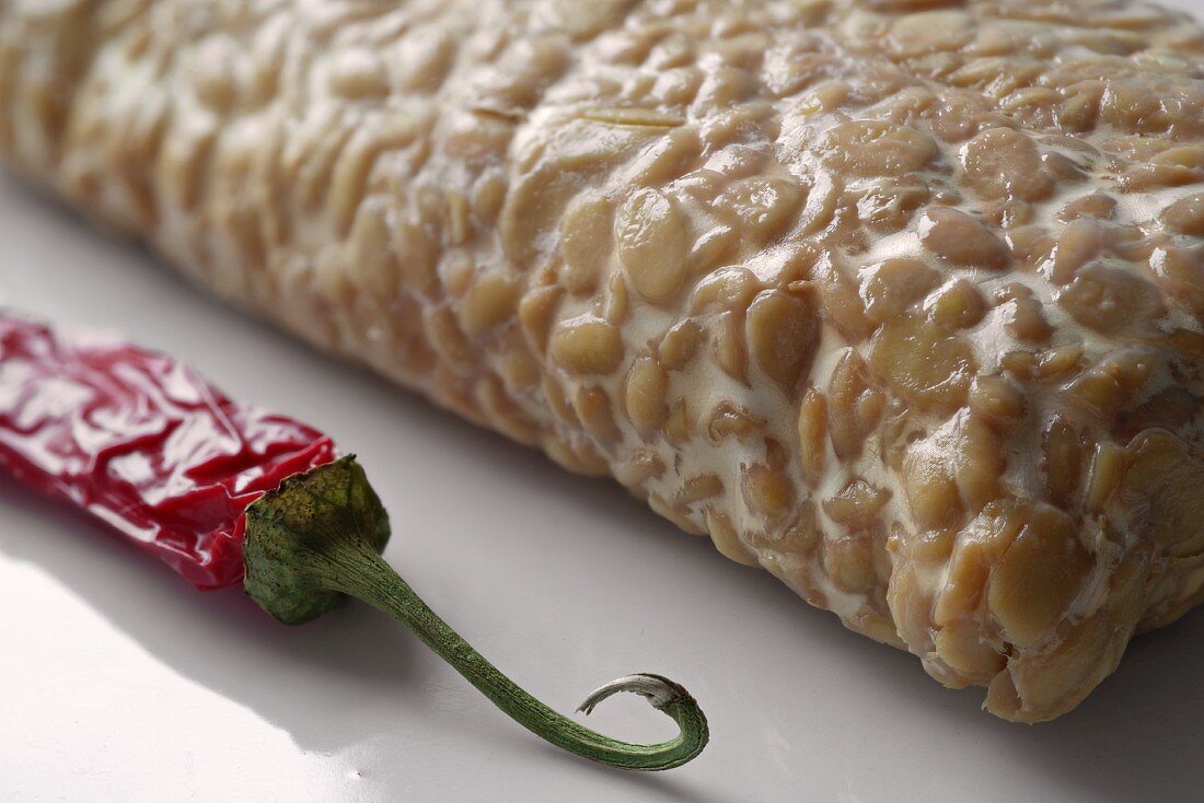 Tempeh (fermented soya beans from Indonesia) and dried chilli pepper
