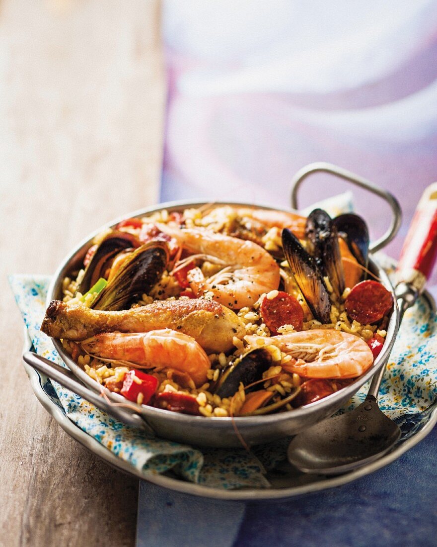 Paella with chicken, prawns, mussels and chorizo (Spain)